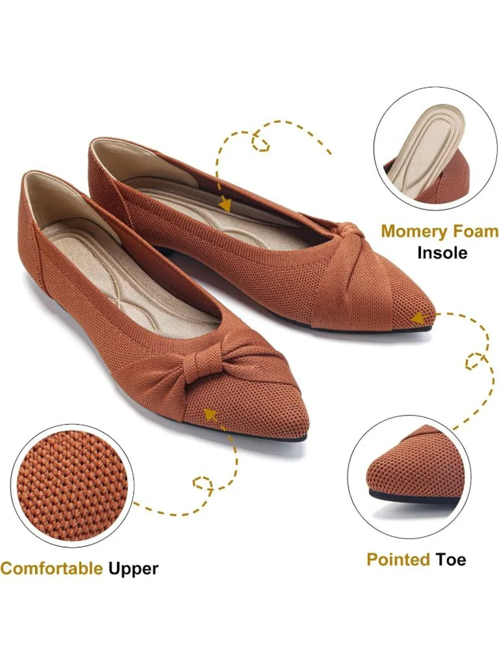 Women's Brown Mesh Comfortable Ballet Flats Pointed Toe Lightweight Casual Shoes